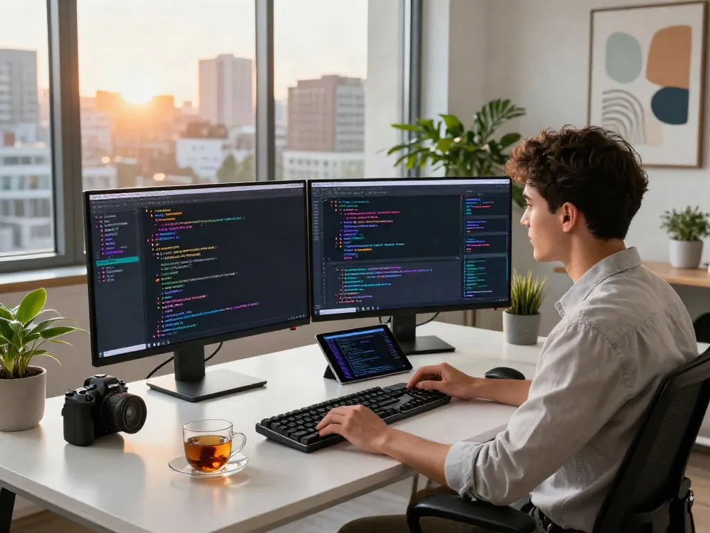 Engaging uncensored AI chat in a modern tech workspace with professional setup