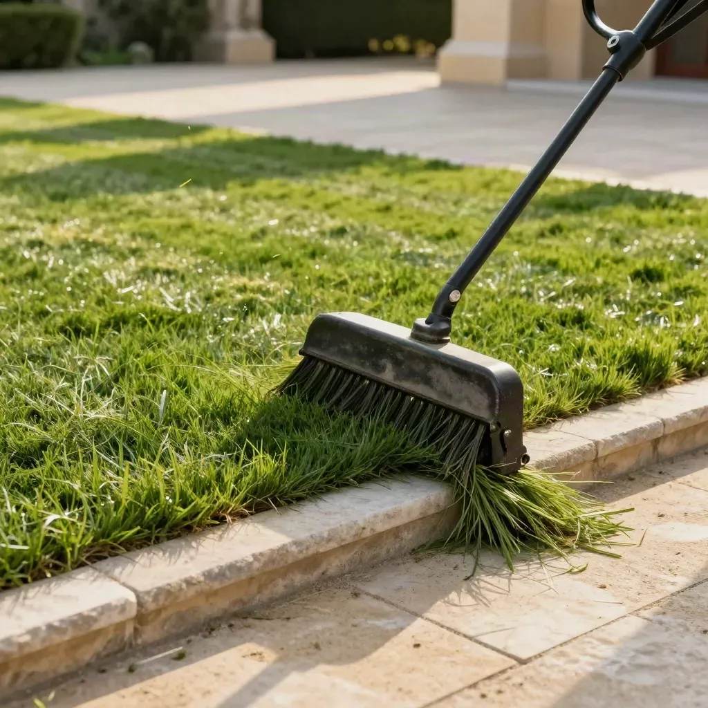 Pelouse tondue en bordure nette, clippings frais et rayures de tonte au soleil.