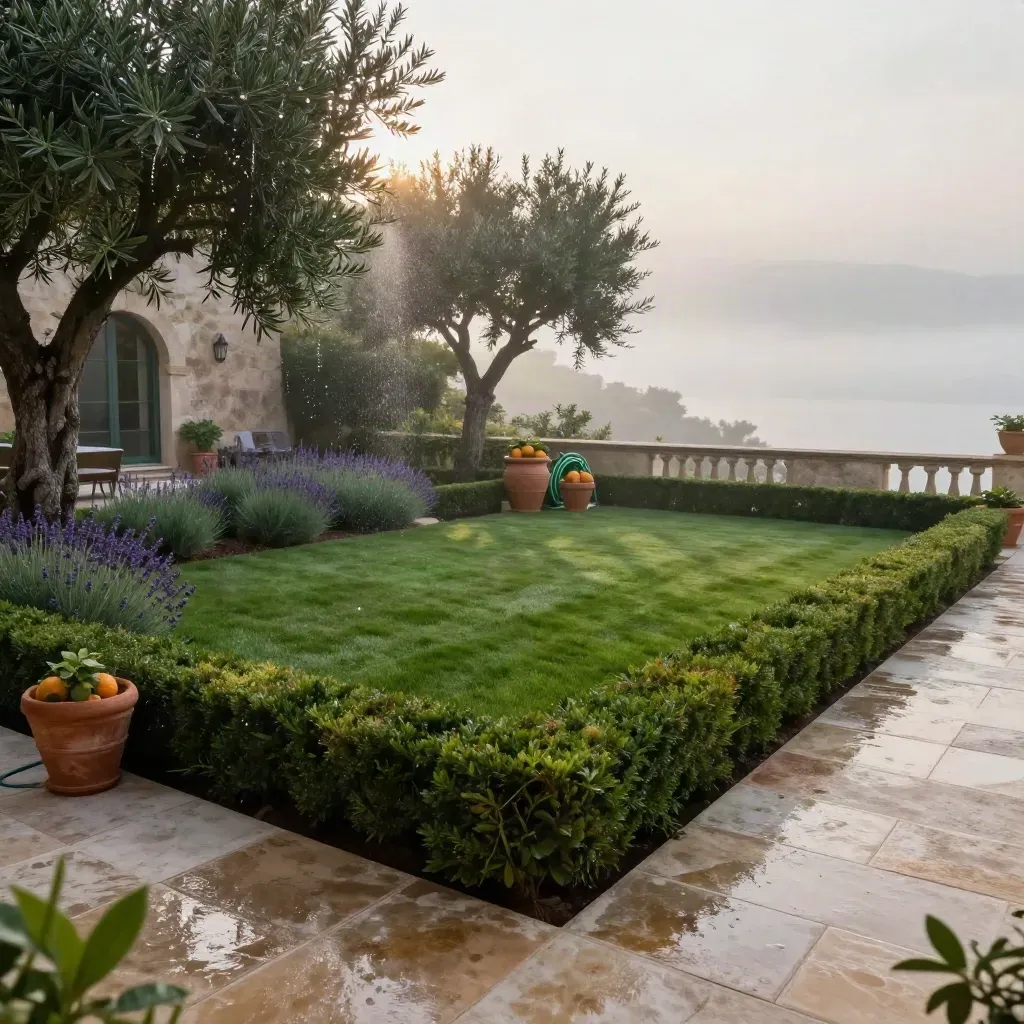 Villa méditerranéenne au petit matin, haies taillées, terrasse humide et brume d’irrigation.