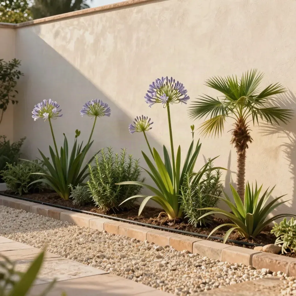 Massif méditerranéen d’agapanthes, romarin et palmiers nains sur gravier pâle à Nice.