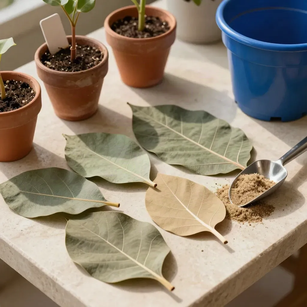 Feuilles, pots de pépinière, étiquettes retournées et petite pelle à substrat sur pierre claire.
