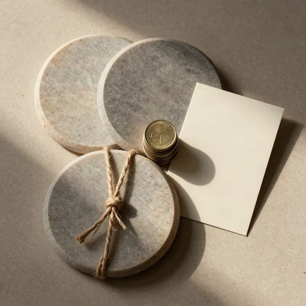 Vue du dessus de disques en pierre, ficelle, pièces et carte crème sur une dalle claire.