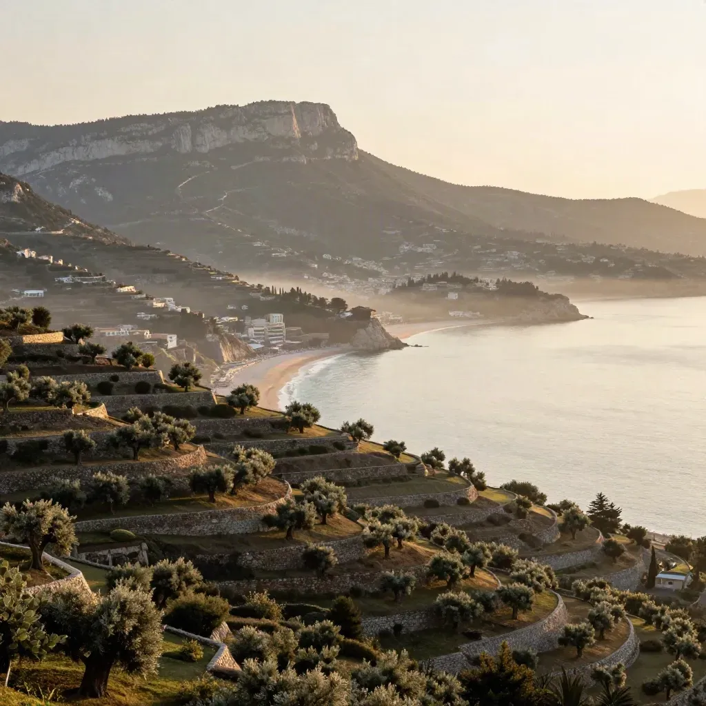 Vue panoramique de Nice au lever du jour, collines d’oliviers et mer dans la brume.