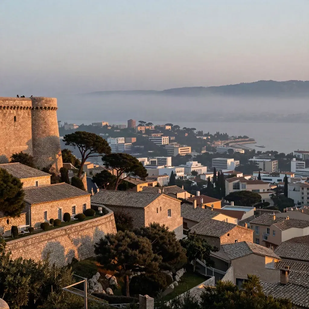 Vue large d’Antibes et de Sophia Antipolis au crépuscule, avec remparts, pins et toits de pierre.