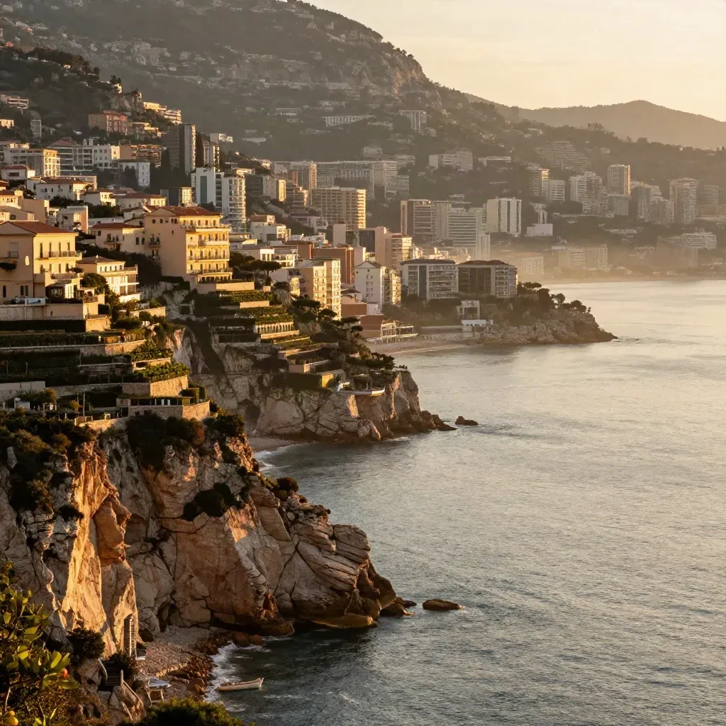 Vue dorée de Monaco et Menton, falaises, terrasses d’agrumes et mer calme sous brume.